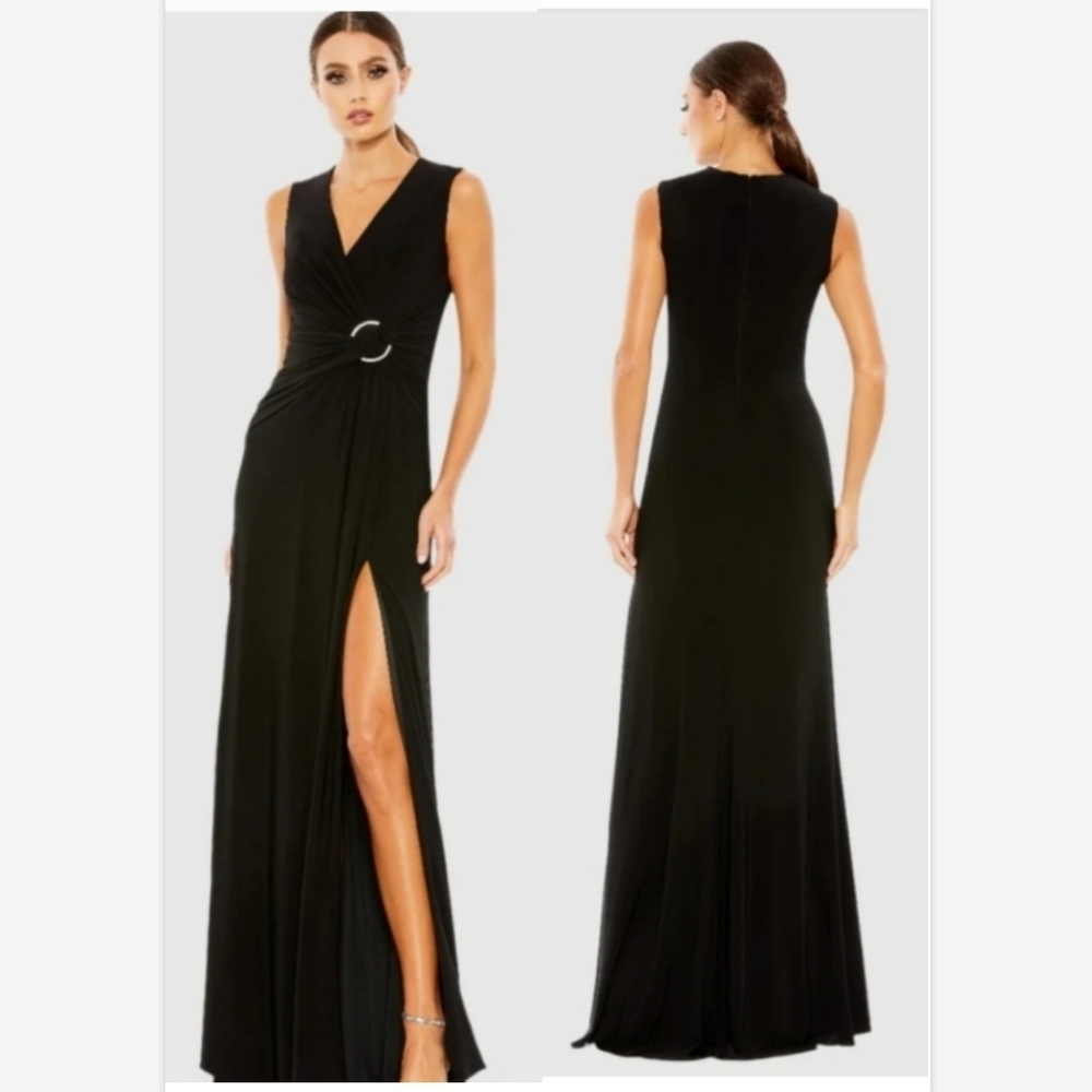 Mac Duggal Draped Side Knot Jersey Gown w/ Rhinestone Ring Black SZ 10 NWT